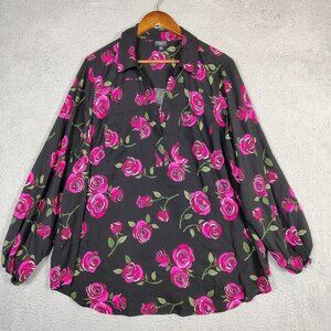 Torrid Top Women's 3 Black Rose Print Harper Challis V-Neck Collar Blouse Preppy